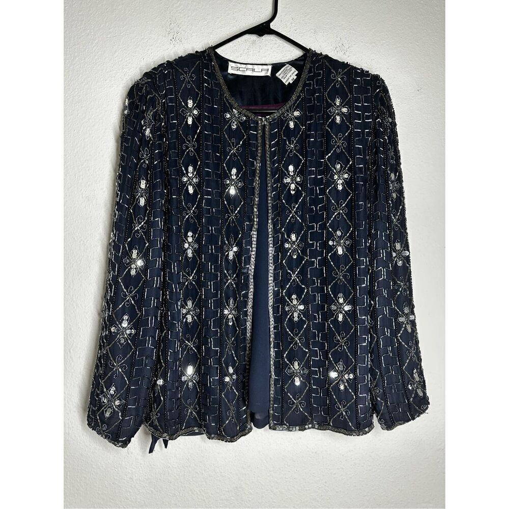 Vintage 80sSet of 2 Scala Blue Navy Silk Sequins Beaded Jacket+Top Size M *Note